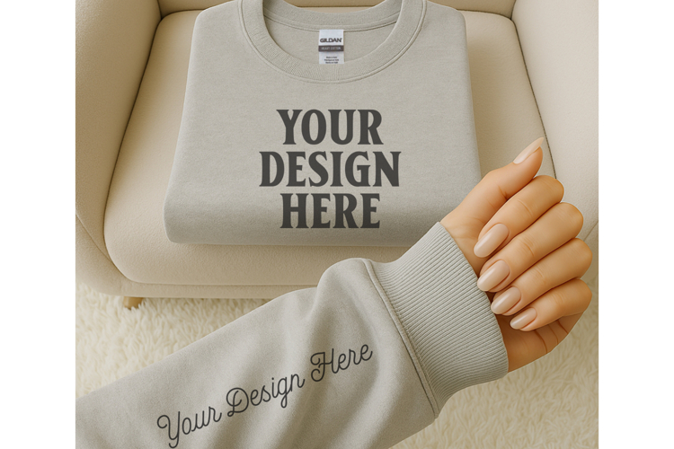 Gildan 18000 Ash Sleeve Sweatshirt Mockup | Cozy Crewneck