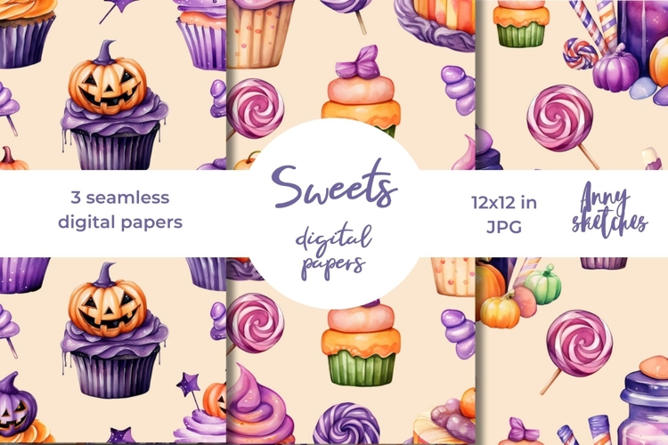 3 Halloween Sweets Digital Paper Seamless Pattern