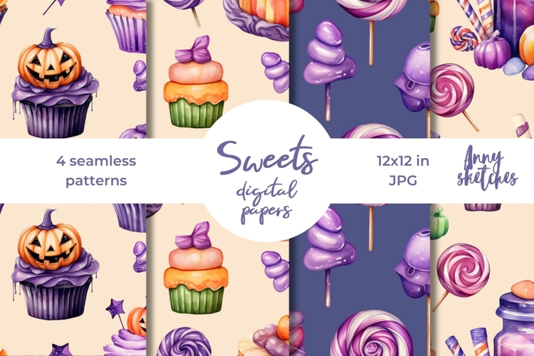 4 Halloween Sweets Digital Paper Seamless Pattern