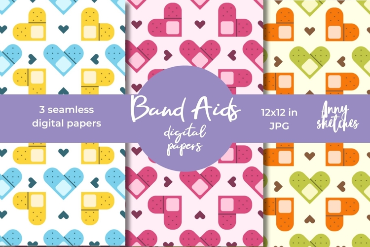 Heart Band Aids Digital Papers Medical Seamless Set