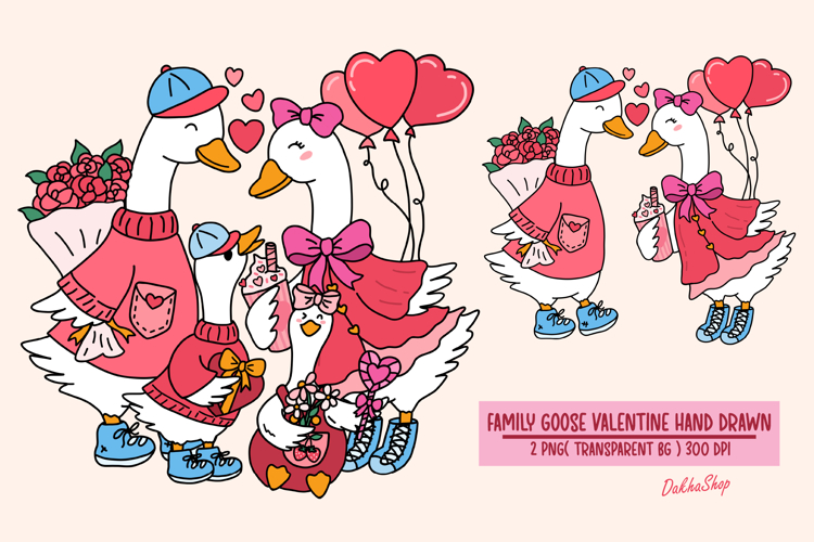 Valentine PNG, Hand Drawn Family Goose Valentine PNG Clipart