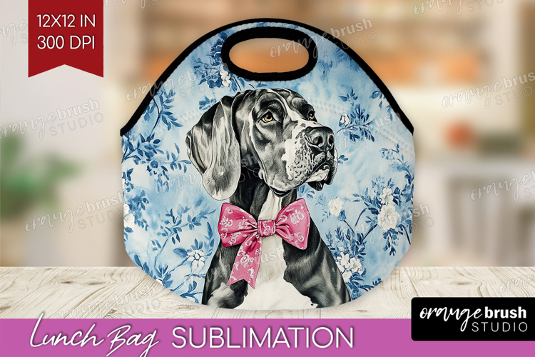 Great Dane Dog Lunch Bag Blue Toile Lunch Bug PNG