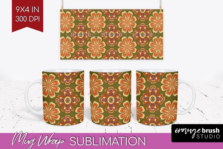 Retro Flowers Mug Wrap - Groovy Mug PNG Sublimation