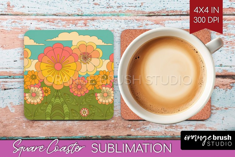 Retro Flowers Square Coaster - Groovy Coaster PNG example image 1