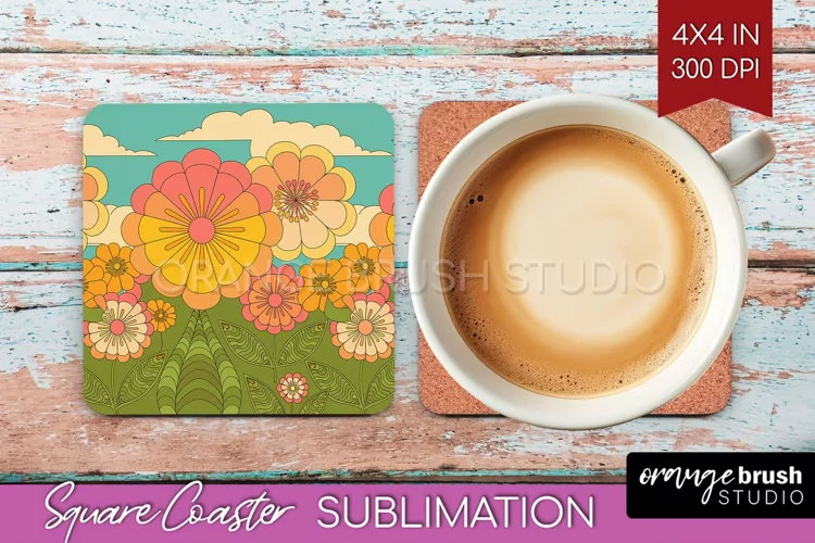 Retro Flowers Square Coaster - Groovy Coaster PNG
