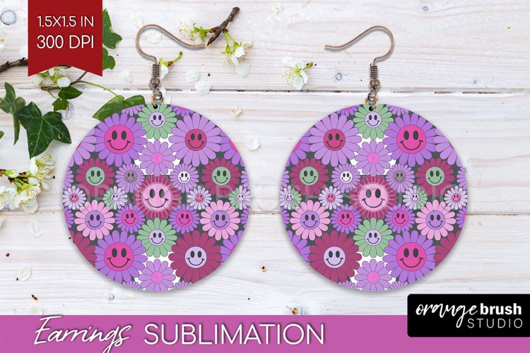Retro Flowers Round Earrings - Groovy PNG Sublimation