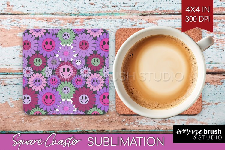Retro Flowers Square Coaster - Groovy Coaster PNG example image 1