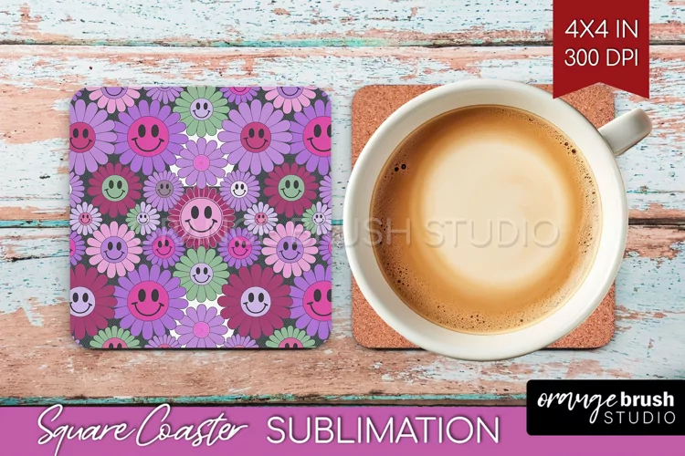 Retro Flowers Square Coaster - Groovy Coaster PNG