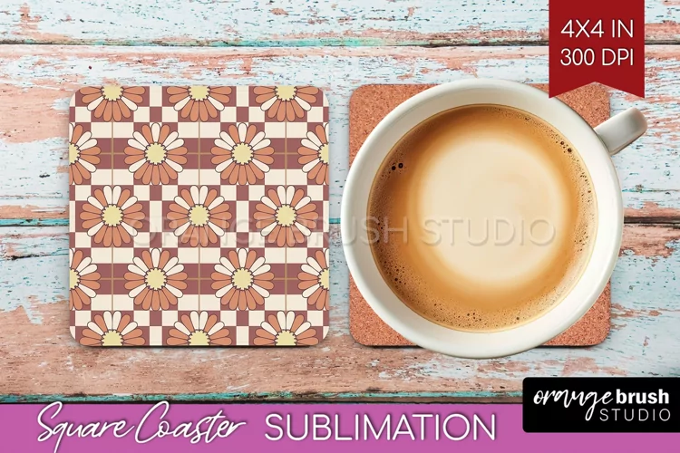 Retro Flowers Square Coaster - Groovy Coaster PNG