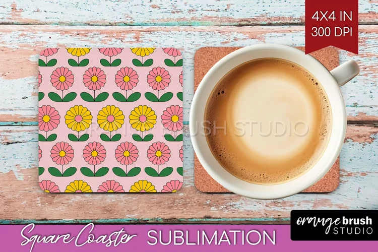Retro Flowers Square Coaster - Groovy Coaster PNG