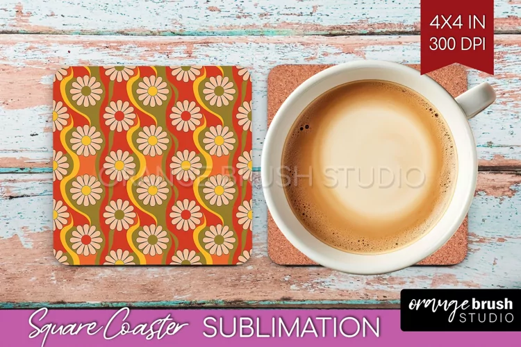 Retro Flowers Square Coaster - Groovy Coaster PNG