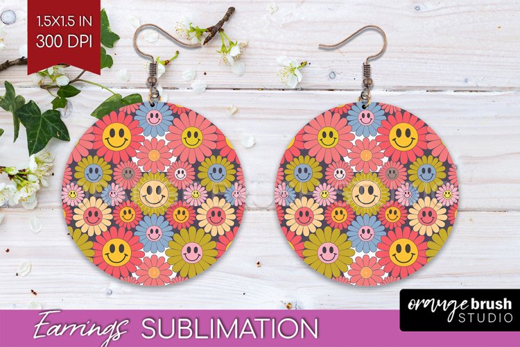 Retro Flowers Round Earrings - Groovy PNG Sublimation
