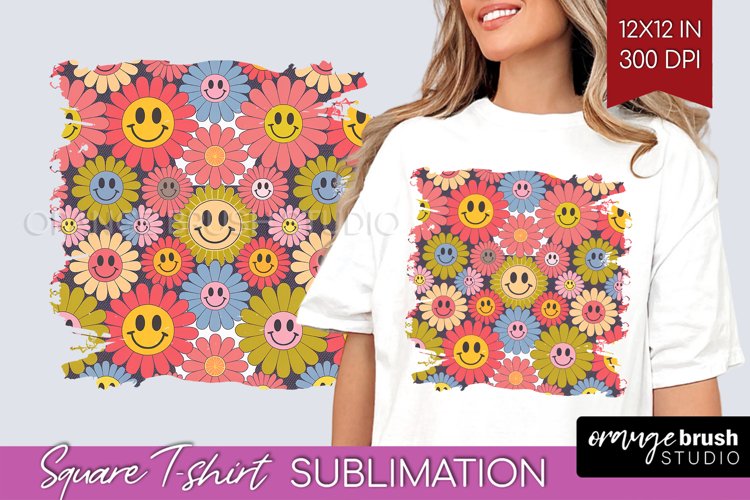 Retro Flowers Square Tshirt Background - Groovy PNG