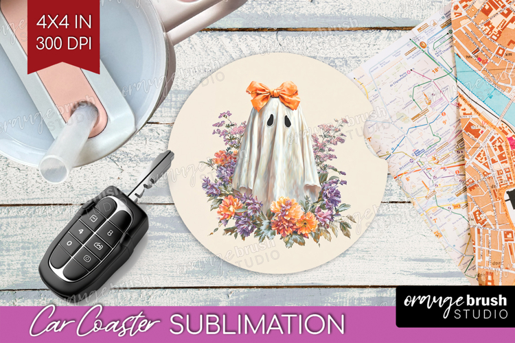 Cute Ghost Car Coaster - Spooky Halloween Coaster PNG