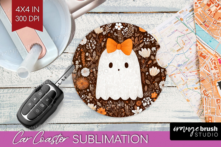Cute Ghost Car Coaster - Spooky Halloween Coaster PNG