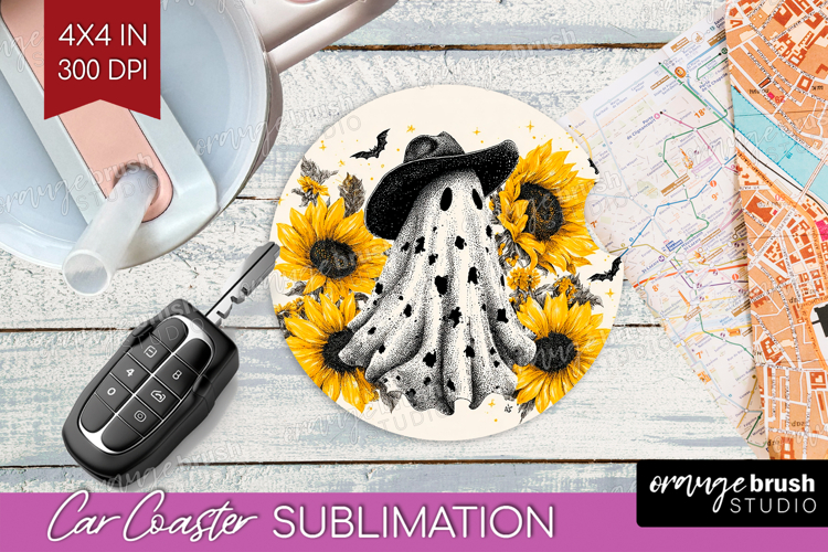 Cute Ghost Car Coaster - Spooky Halloween Coaster PNG