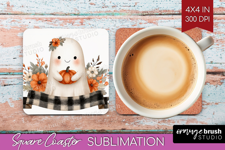 Cute Ghost Square Coaster - Spooky Halloween Coaster PNG