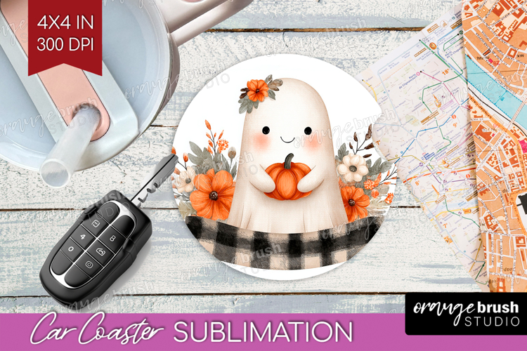 Cute Ghost Car Coaster - Spooky Halloween Coaster PNG