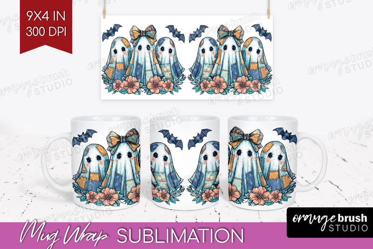 Cute Ghost Mug Wrap - Spooky Halloween Mug PNG Sublimation