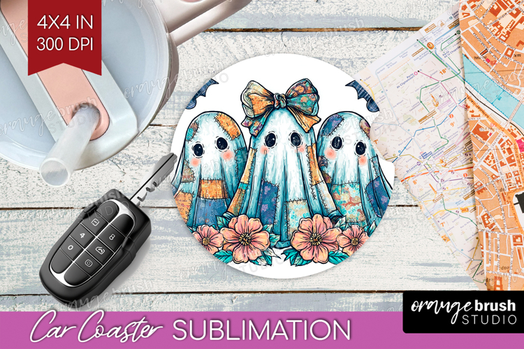 Cute Ghost Car Coaster - Spooky Halloween Coaster PNG