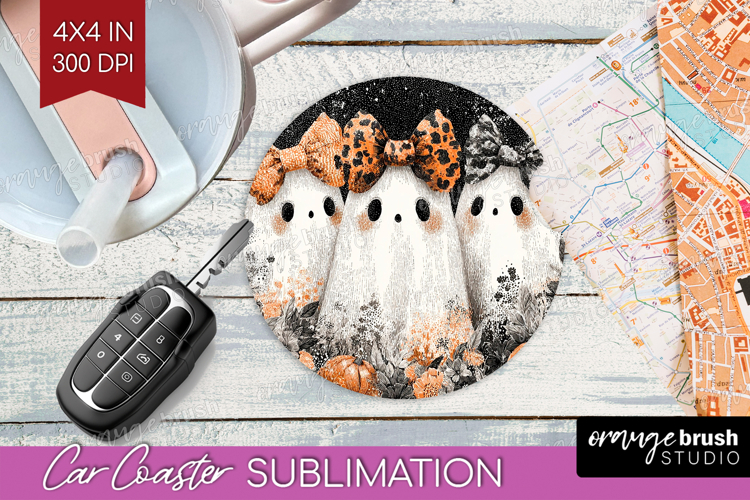 Cute Ghost Car Coaster - Spooky Halloween Coaster PNG