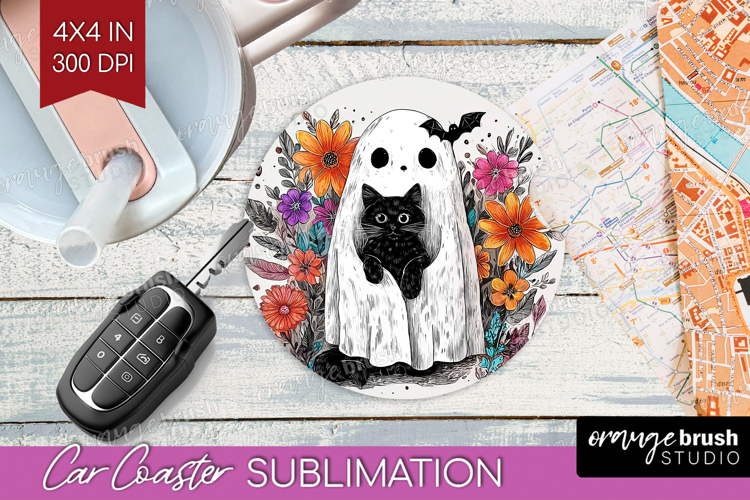 Cute Ghost Car Coaster - Spooky Halloween Coaster PNG