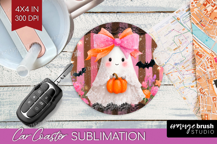 Cute Ghost Car Coaster - Spooky Halloween Coaster PNG
