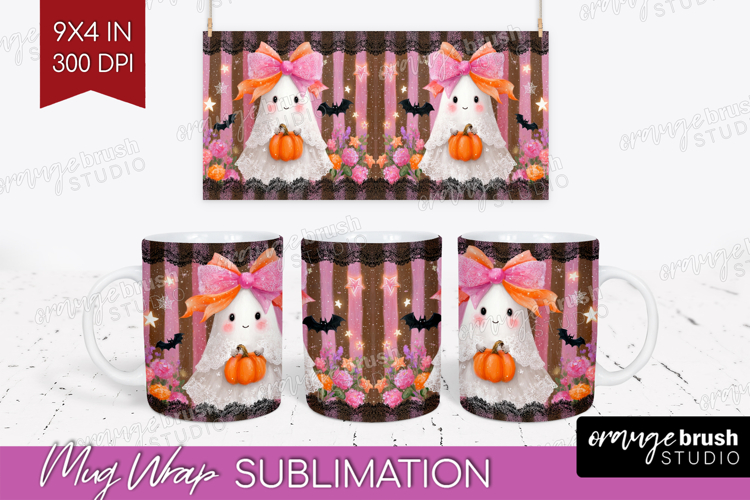 Cute Ghost Mug Wrap - Spooky Halloween Mug PNG Sublimation