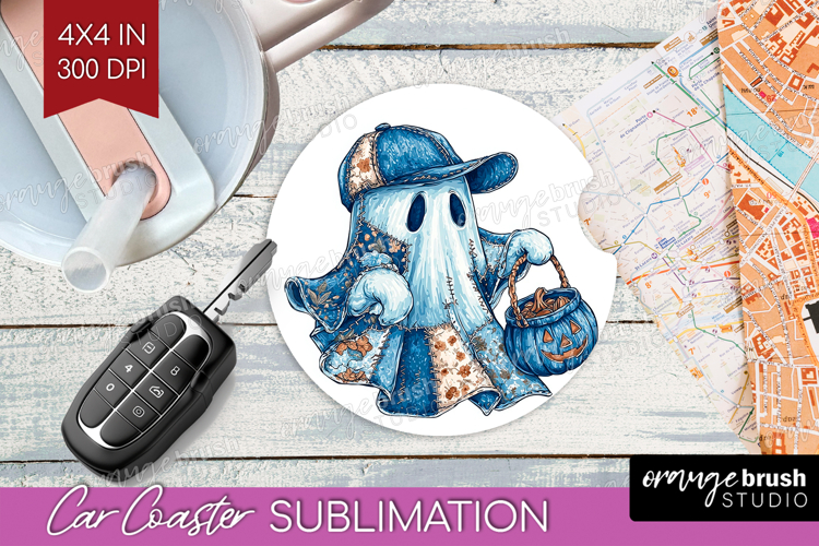 Cute Ghost Car Coaster - Spooky Halloween Coaster PNG