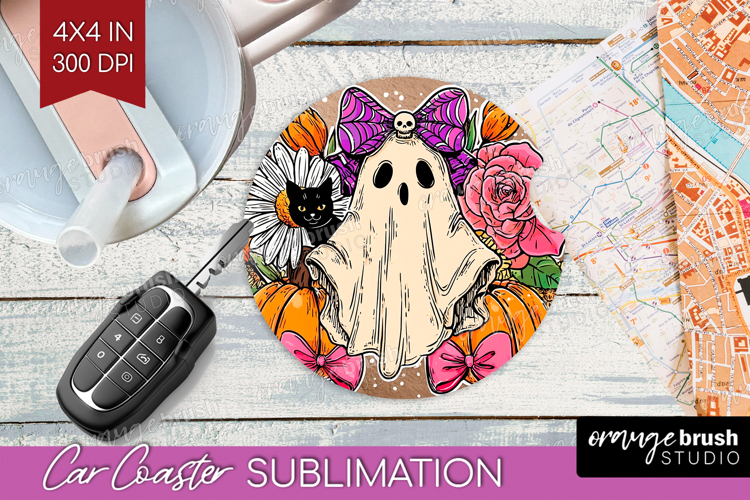 Cute Ghost Car Coaster - Spooky Halloween Coaster PNG