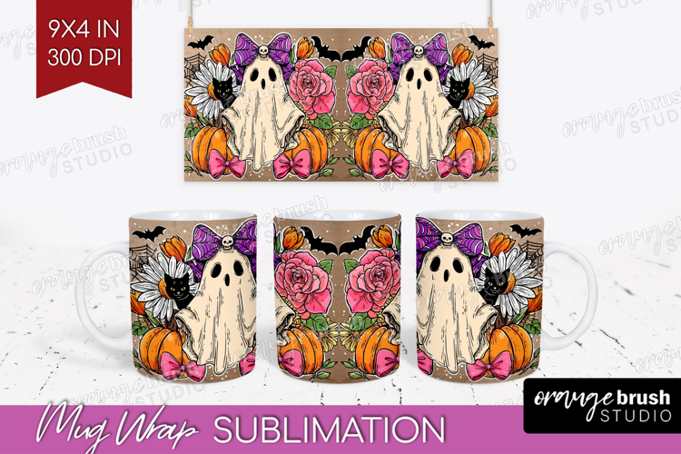 Cute Ghost Mug Wrap - Spooky Halloween Mug PNG Sublimation