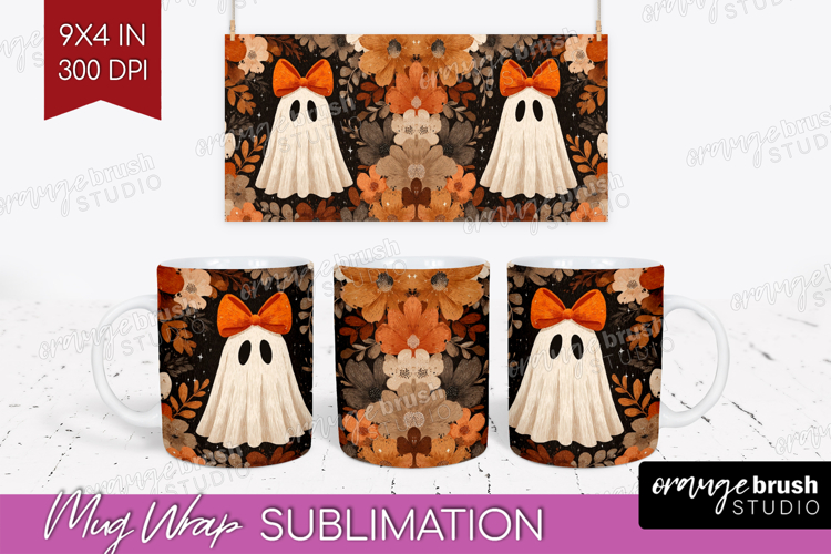 Cute Ghost Mug Wrap - Spooky Halloween Mug PNG Sublimation