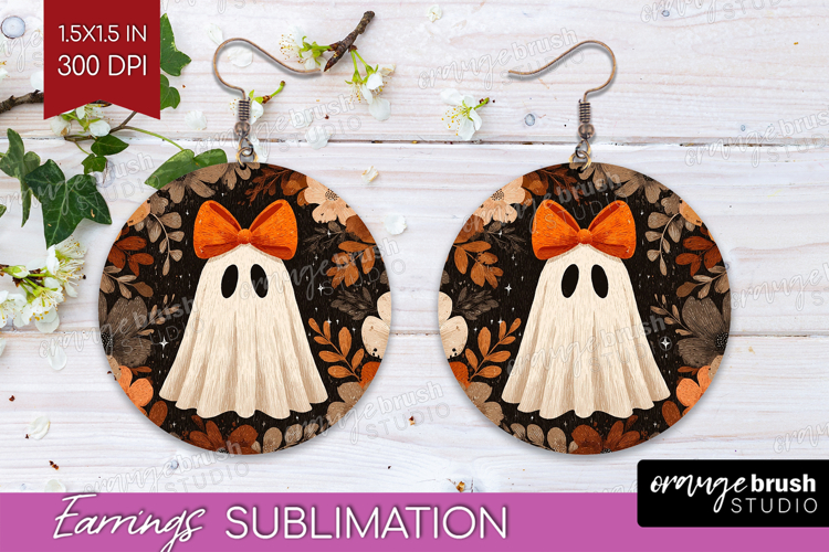 Cute Ghost Round Earrings - Spooky Halloween PNG Sublimation