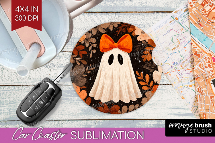 Cute Ghost Car Coaster - Spooky Halloween Coaster PNG