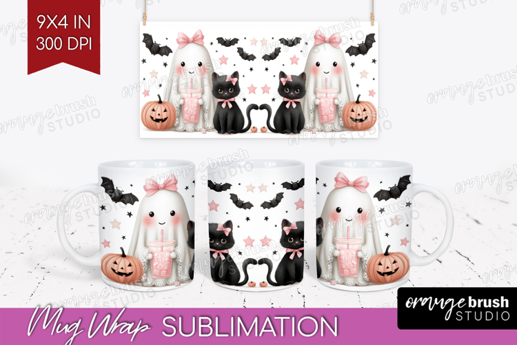 Cute Ghost Mug Wrap - Spooky Halloween Mug PNG Sublimation