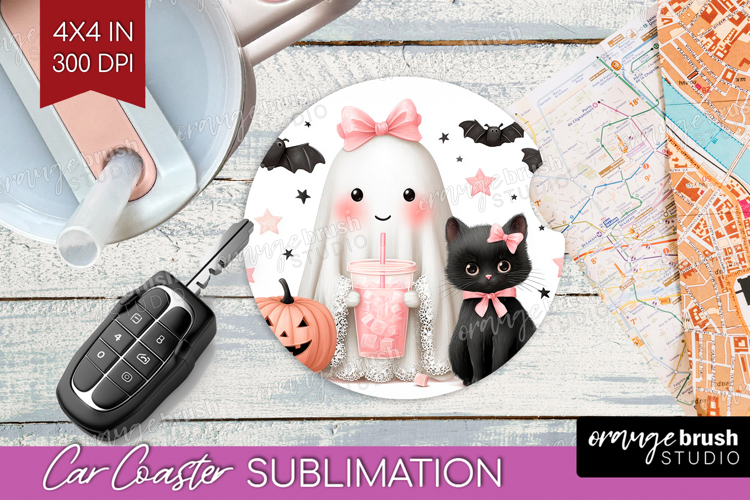 Cute Ghost Car Coaster - Spooky Halloween Coaster PNG