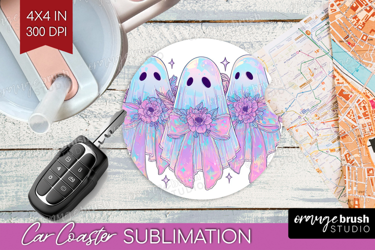 Cute Ghost Car Coaster - Spooky Halloween Coaster PNG