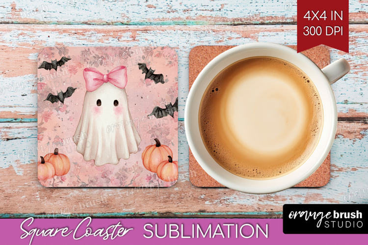 Cute Ghost Square Coaster - Spooky Halloween Coaster PNG