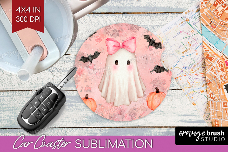 Cute Ghost Car Coaster - Spooky Halloween Coaster PNG