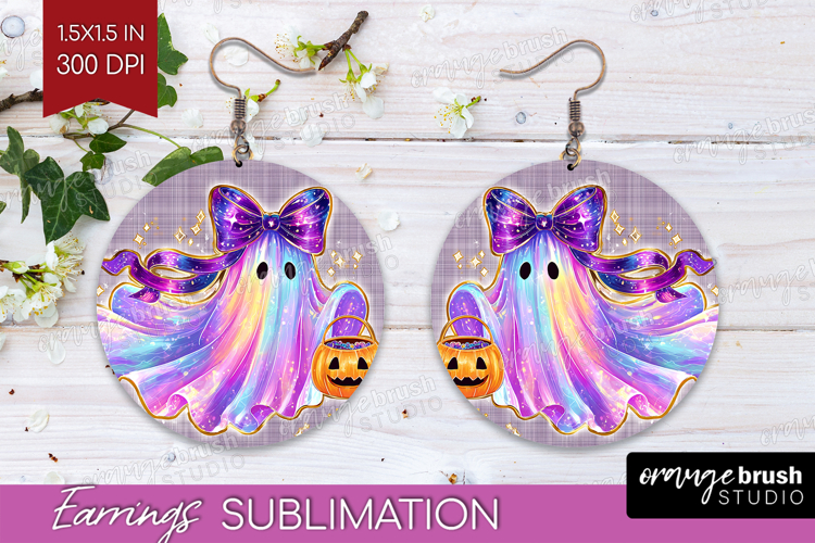 Cute Ghost Round Earrings - Spooky Halloween PNG Sublimation