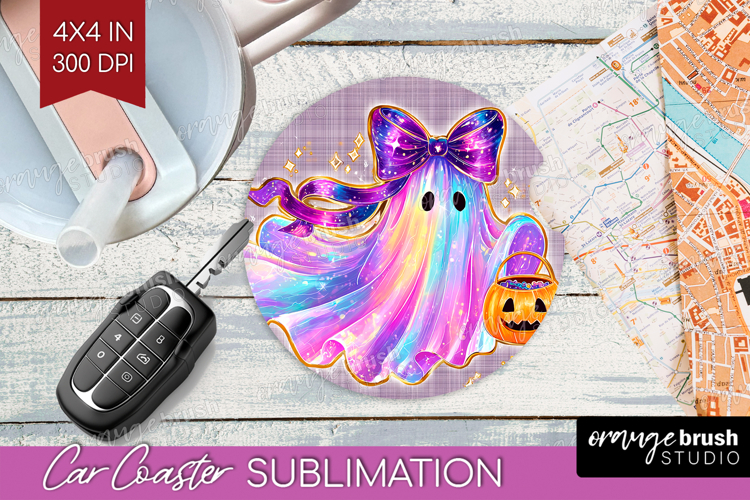 Cute Ghost Car Coaster - Spooky Halloween Coaster PNG