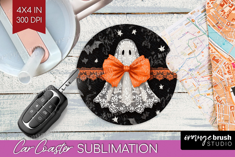 Cute Ghost Car Coaster - Spooky Halloween Coaster PNG