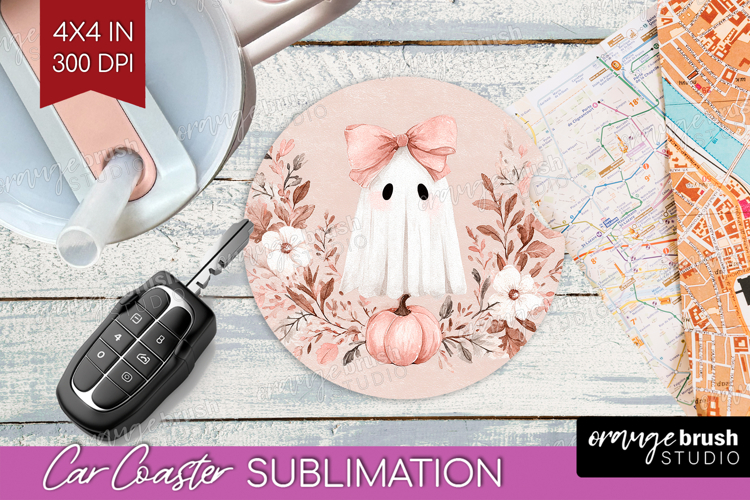 Cute Ghost Car Coaster - Spooky Halloween Coaster PNG