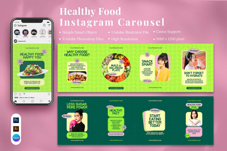 Healthy Food Instagram Carousel & Canva Template