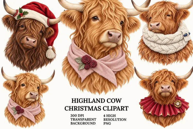 Highland Cow Christmas Clipart with Snowman and Book PNG