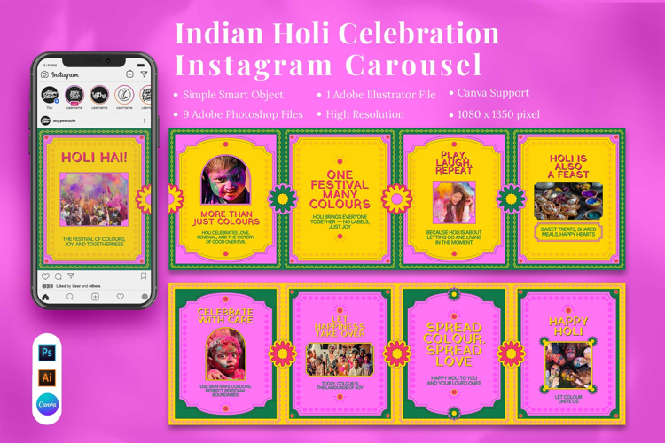 Indian Holi Celebration Instagram Carousel & Canva Template