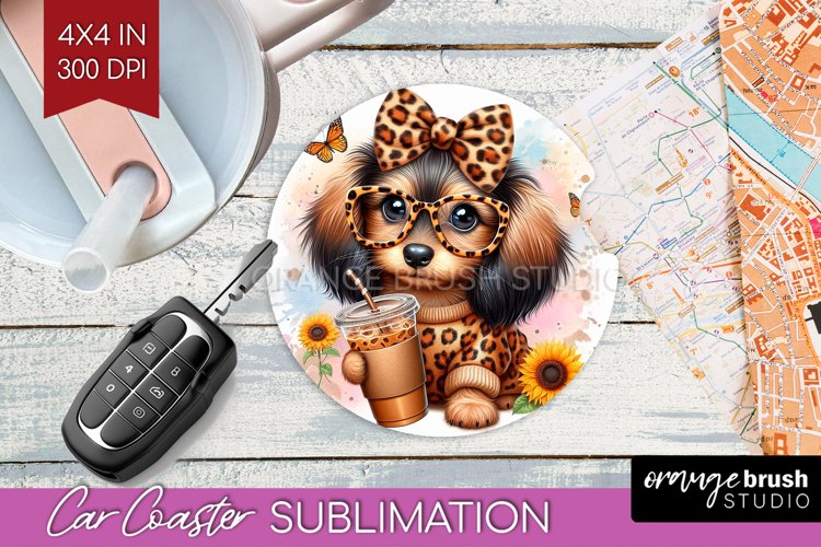 Cute Dog Car Coaster - Leopard Bow Coaster PNG Sublimation