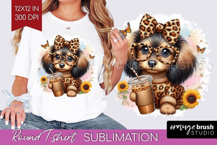 Cute Dog Round Tshirt Background - Leopard Bow PNG