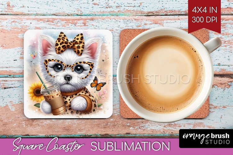 Cute Dog Square Coaster - Leopard Bow Coaster PNG