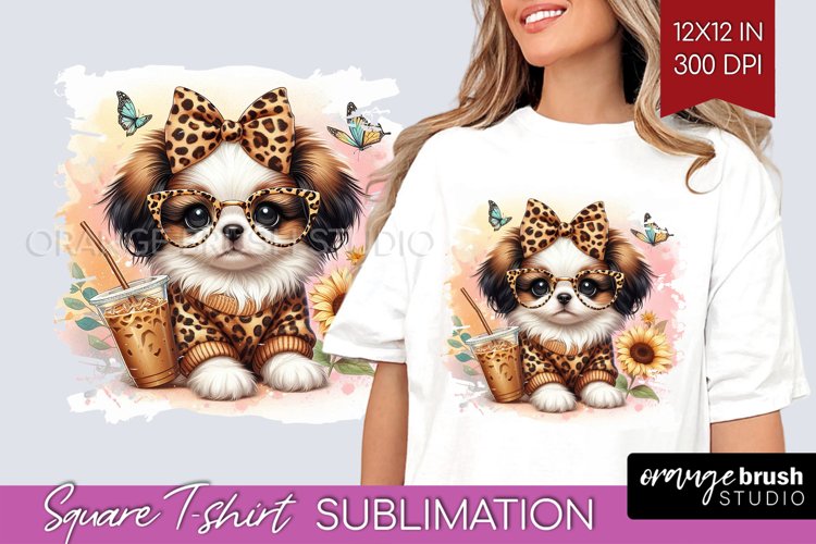 Cute Dog Square Tshirt Background - Leopard Bow PNG
